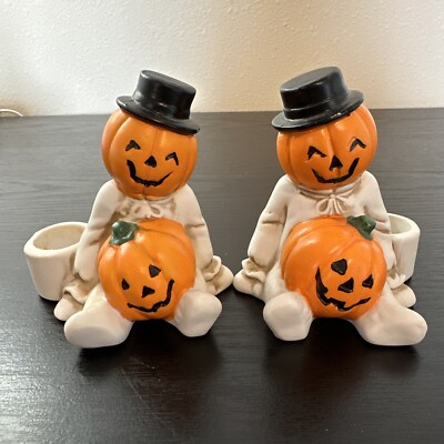 vintage halloween jack o lantern candle holders set of 2 | eBay