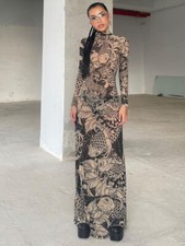 Mesh Vintage Print Dress Women Sexy Sheer Long Sleeve Stand Neck Skinny Party