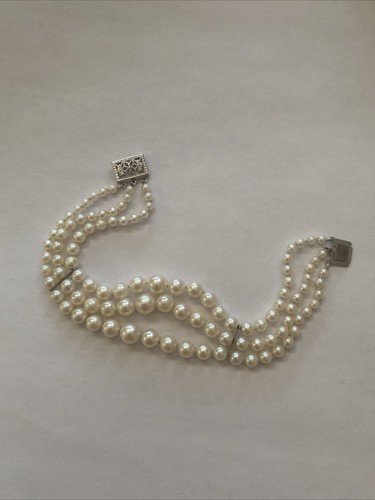 "Pulsera 3 hilos Akoya perlas cultivadas japonesas vintage oro blanco de 7,25"" 14 k" - Imagen 2 de 18