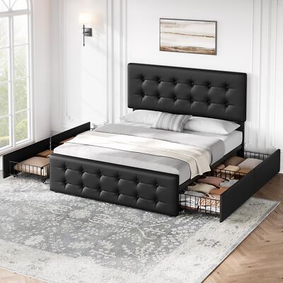 Queen Size Platform Bed Frame with 4 Storage Drawers and Upholstered Headboard