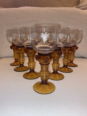 Beautiful 7 Set Vintage German Roemer Style Crystal-Clear Etched Bowl-Amber Stem