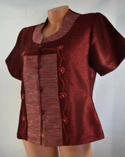 T.O.P. ORIENTAL (XL) Jacket DEEP RED Embroidery Button Up Metallic Glitter Trim