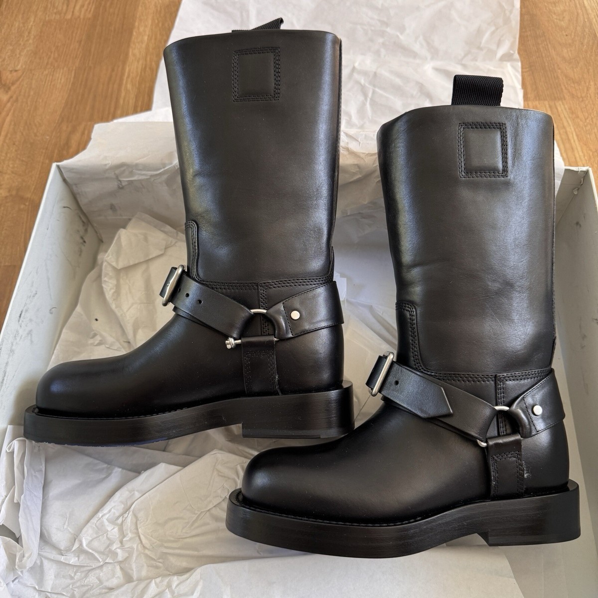 Burberry Womens Leather Saddle High Boots Size 38 Buckle Harness