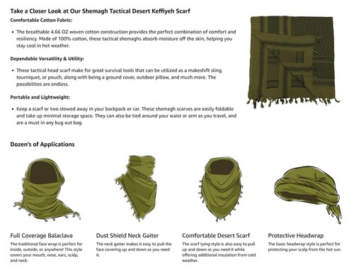 Foliage Rotcho Shemagh Heavyweight Tactical Desert Keffiyeh Scarf Cotton 42x42 - Picture 6 of 7