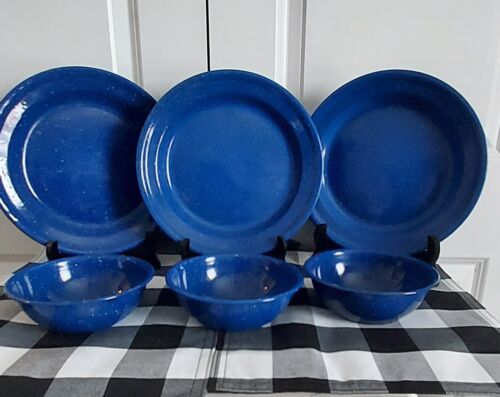 Blue Enamelware 3 Dinner Plates and 3 Soup Bowls Set Great for Camping - Picture 1 of 14