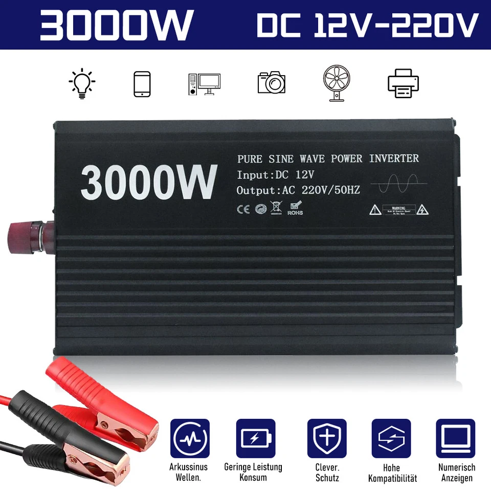 Spannungswandler 3000W Peak Reiner Sinus Wechselrichter 12v Auf 220V Auto Camp - Bild 2 von 4