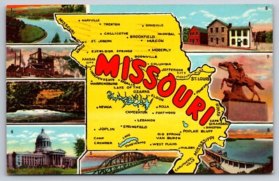 Missouri Map Multiple Views Vtg Postcard Pony Express Mark Twain Bagnell 1957