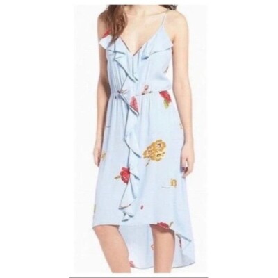 Leith sky blue floral high low ruffle front dress Sz S
