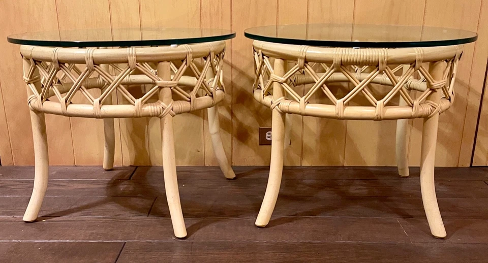 Vintage Ficks Reed Bamboo And Rattan Glass Top Side Tables—A Pair - Image 3 of 4
