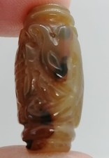Antique Agate Carved Cylinder Bead Brown Stone Dragon Motif Amulet Roman