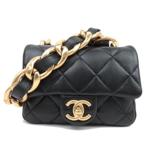 CHANEL Matelasse Lambskin Small Flap Chain Shoulder Bag Black Gold HDW Authentic