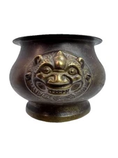 Antique late 19th century Tibetan Bronze Censer Pot W/ Faces 4.5” Scarce Find