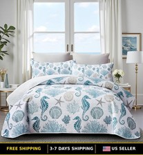 Queen Coastal Quilt Set with 2 Shams - Nautical Beach Theme Bedding