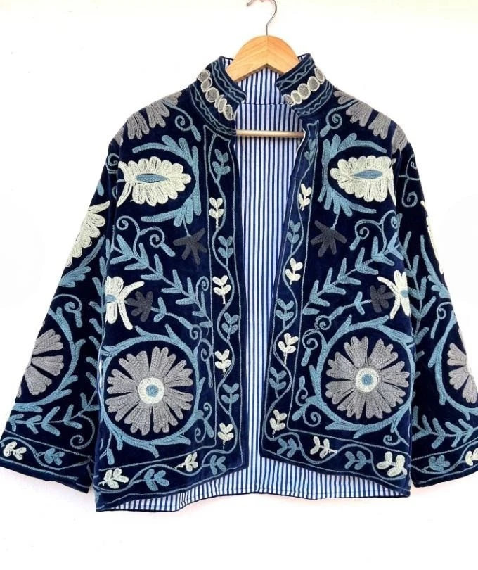 Handmade Suzani Velvet Jacket~Floral Blue Embroidered Coat For Her Gifts
Opens in a new window or ta