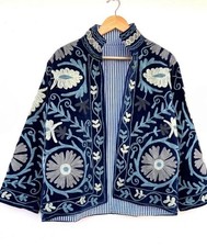 Handmade Suzani Velvet Jacket~Floral Blue Embroidered Coat For Her Gifts