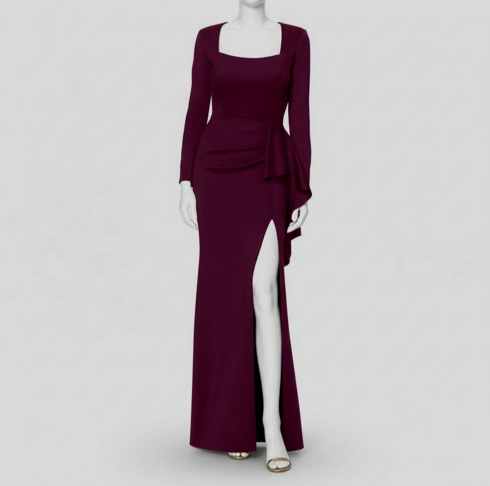 Xscape Women's Square-Neck Draped Long-Sleeve Gown - Wine - Size 12