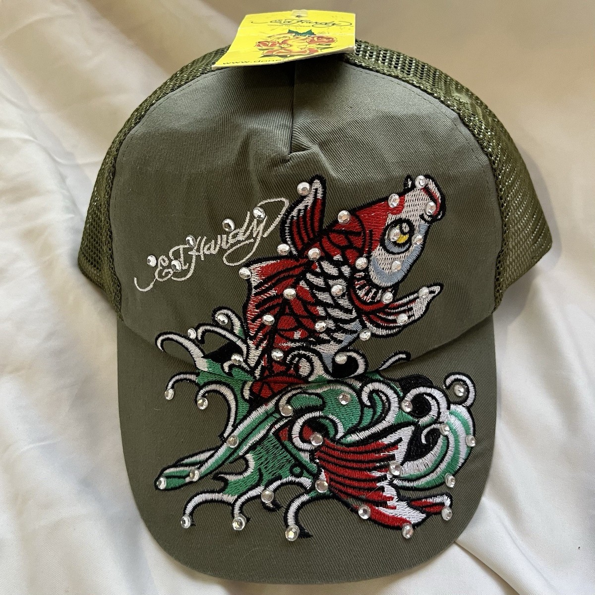 Ed Hardy Rhinestone Koi Fish Trucker Hat Y2K Tattoo Snapback Green