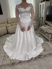 White Satin Ball Gown Wedding Dress Lace Long Sleeves Train Corset Off-Shoulder