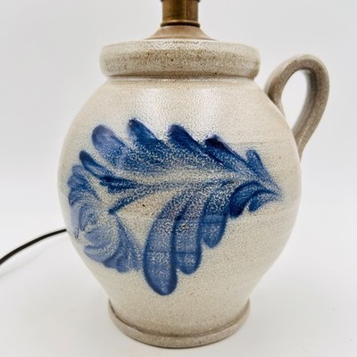 Rowe Pottery Works Jug Lamp Salt Glazed Cobalt Blue Flower 1997