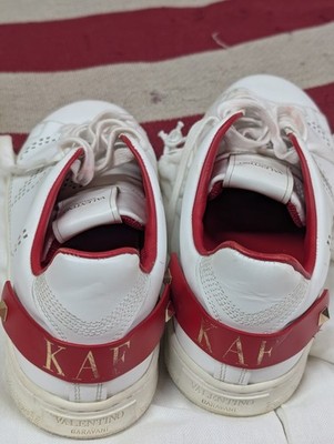 VALENTINO GARAVANI White/Red Stud Leather V Logo Perforated