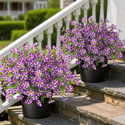 Purple Faux Morning Glory & Eucalyptus Topiary Trees - 2 Set Potted Plants