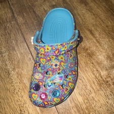 Crocs Lisa Frank Classic Clog Kids J6 Women 8US Aqua Multi Heart Jibbitz 207737