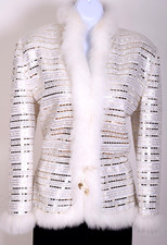 ST.JOHN Women Cream Sequins Studs Throughout Fur Trim For Wedding Jacket Sz 6