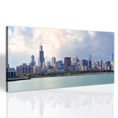 Skyline Landschaft von Chicago Wohnzimmer Leinwand Wandbilder XXL Canvas 140x70