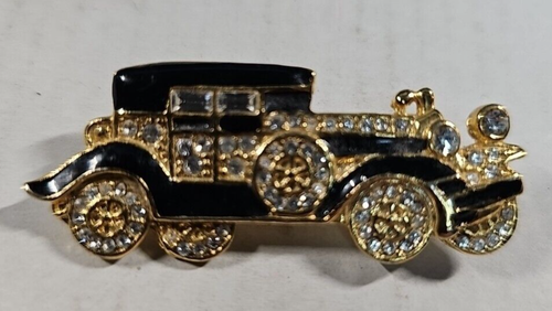 Vintage schwarz & klar Strass Emaille Auto Brosche Anstecknadel goldfarben Kostüm - Bild 1 von 7