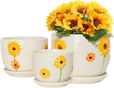 Ton Sin Plant Pots,Set of 3 Ceramic Sunflower Flower Pots for Indoor Plants,4+5+