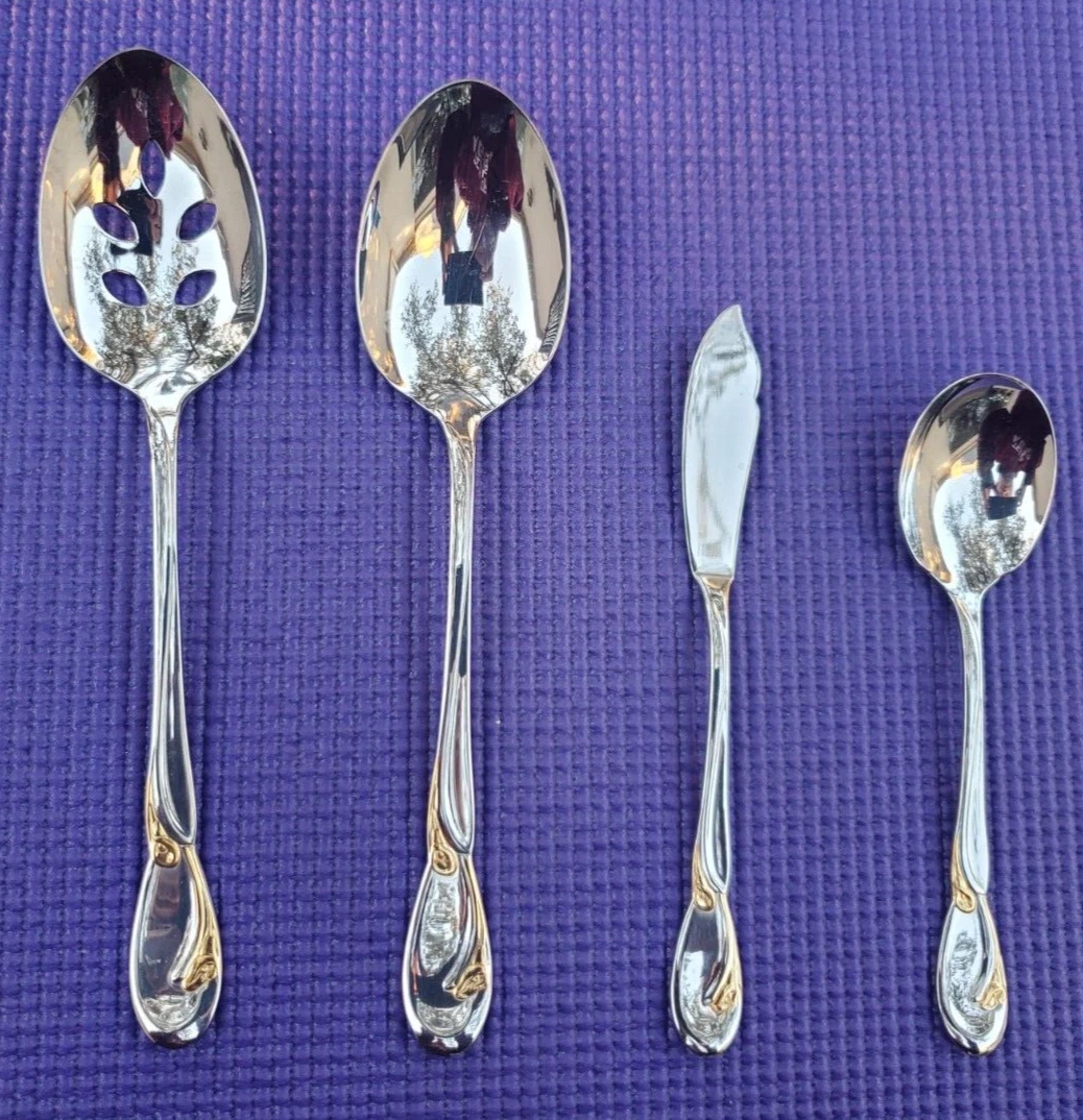 4-Oneida Stainless DELUXE GOLDEN CALLA LILY PIERCED & SOLID SERVING SPOON BUTTER