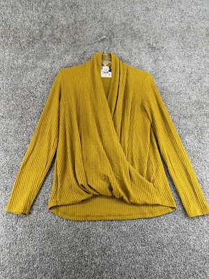 Anthropologie Akemi & Kin Top Womens Sz Sm Gold Surplice Neck Faux Wrap Sweater