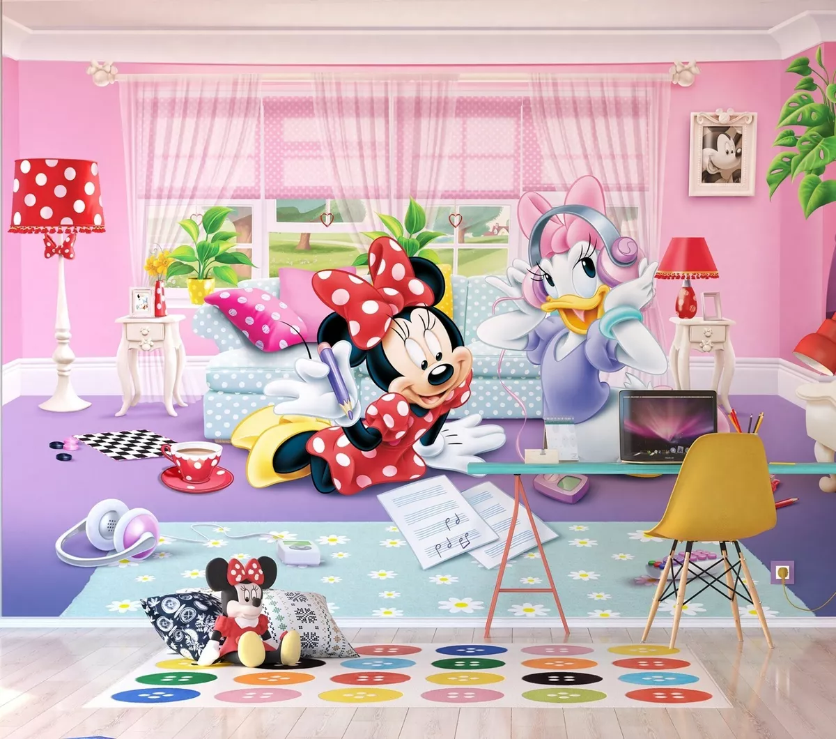 Carta da parati camera da letto bambini Disney Minnie mouse e margherita  foto mu