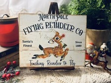 North Pole Flying Reindeer, Retro Christmas, Handcrafted Plaque / Sign