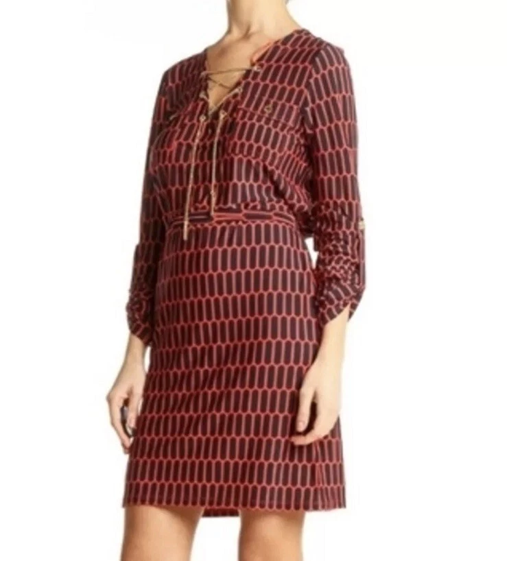 Abito Michael Kors rosso corallo rosa blu oro catena accento taglia XS