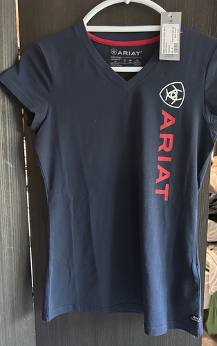 NWT Ariat Women’s Vertical Logo Short Sleeve T-Shirt Navy Blue Equestrian XS
