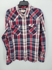 Levis Shirt Mens Large Red White Blue Plaid Pearl Snap Western Cowboy Pockets