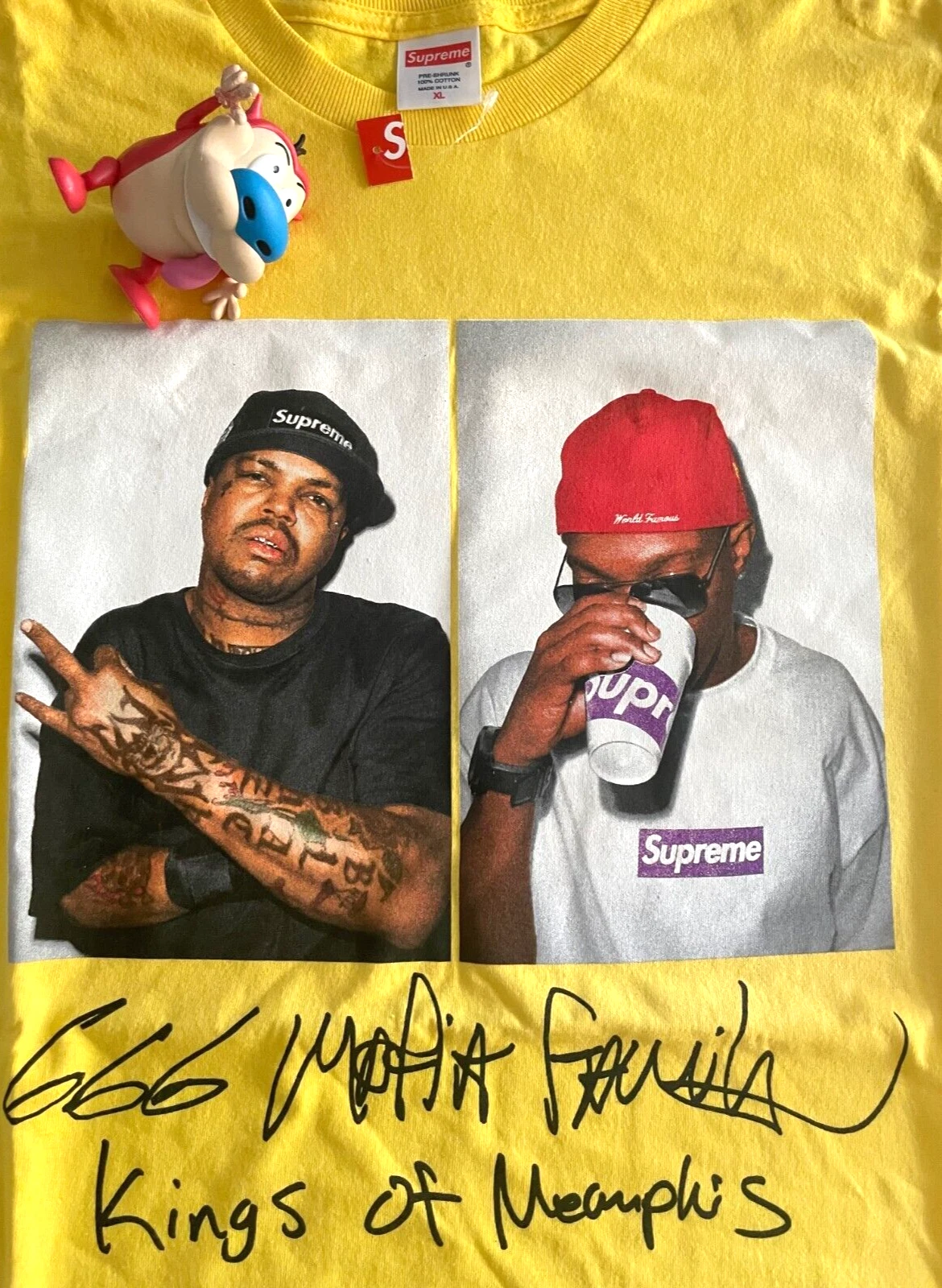 T shirt jaune Supreme Three 6 Mafia flambant neuf taille XL Tyson né élevé Travis 2Pac