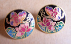 Vintage SG Cloisonné Enamel Butterfly Lotus Flower 1 Inch Round Earrings 90's — photo 3