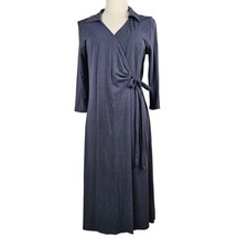 Fresh Produce Wrap Front Dress M Grey Blue V-Neck