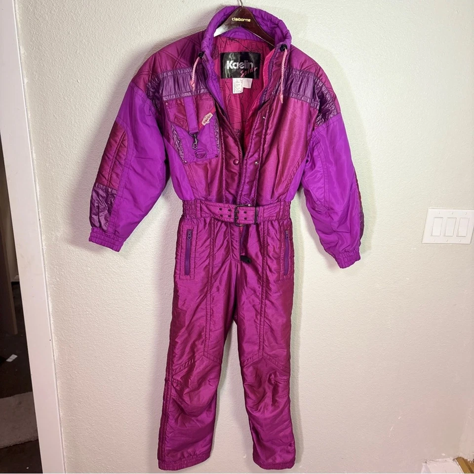 Vintage 80s Kaelin Solar One Piece Ski Suit Women’s M Metallic Belted Hong Kong - Image 2 of 4
