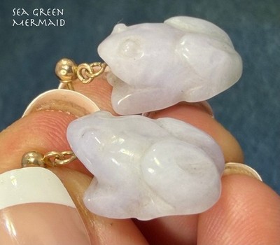 14 Karat Gold Glück geschnitzt Lavendel lila Jade Baby Frosch Ohrringe *Video*