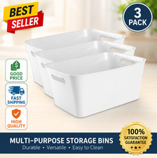 3 Pack Large Open Storage Bins   White Plastic Organizers with Handles
