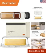 Elegant White Marble & Glass Butter Dish with Airtight Lid - Dishwasher Safe