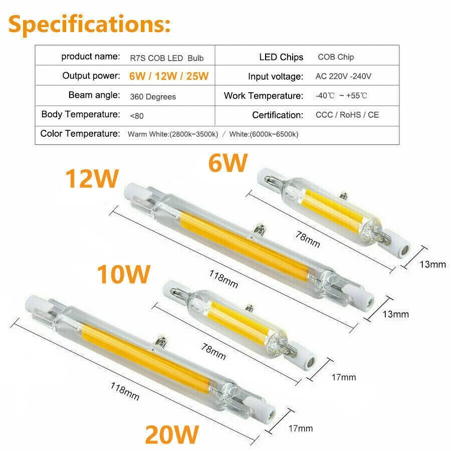 R7s COB LED Bulbs Security Flood Replaces Halogen light 6W/12W/20W 78mm 118mm - Image 2 of 4
