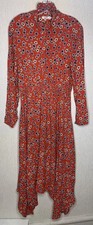 Finery midi shirt dress asymmetric hem long sleeve red flroal collar size 14