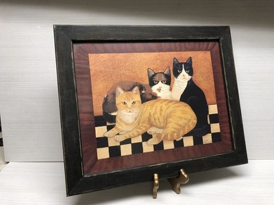 VTG Cindy Sampson Folk Art Framed Print Cat Trio Tabby Calico Tuxedo-signed 16 