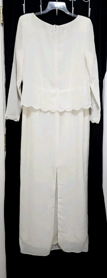 Womens After Dark Beaded LONG Sleeve Formal Dress 8 Medium Ivory Attached Top - Image 3 of 4