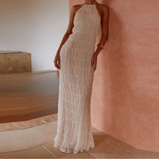 Women's Summer Low Back Maxi Dress Ruffle Hem Sash Tie Casual