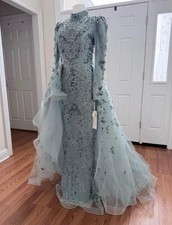 Luxury Custom Light Blue Formal Gown Hand Embroidered Detachable Train